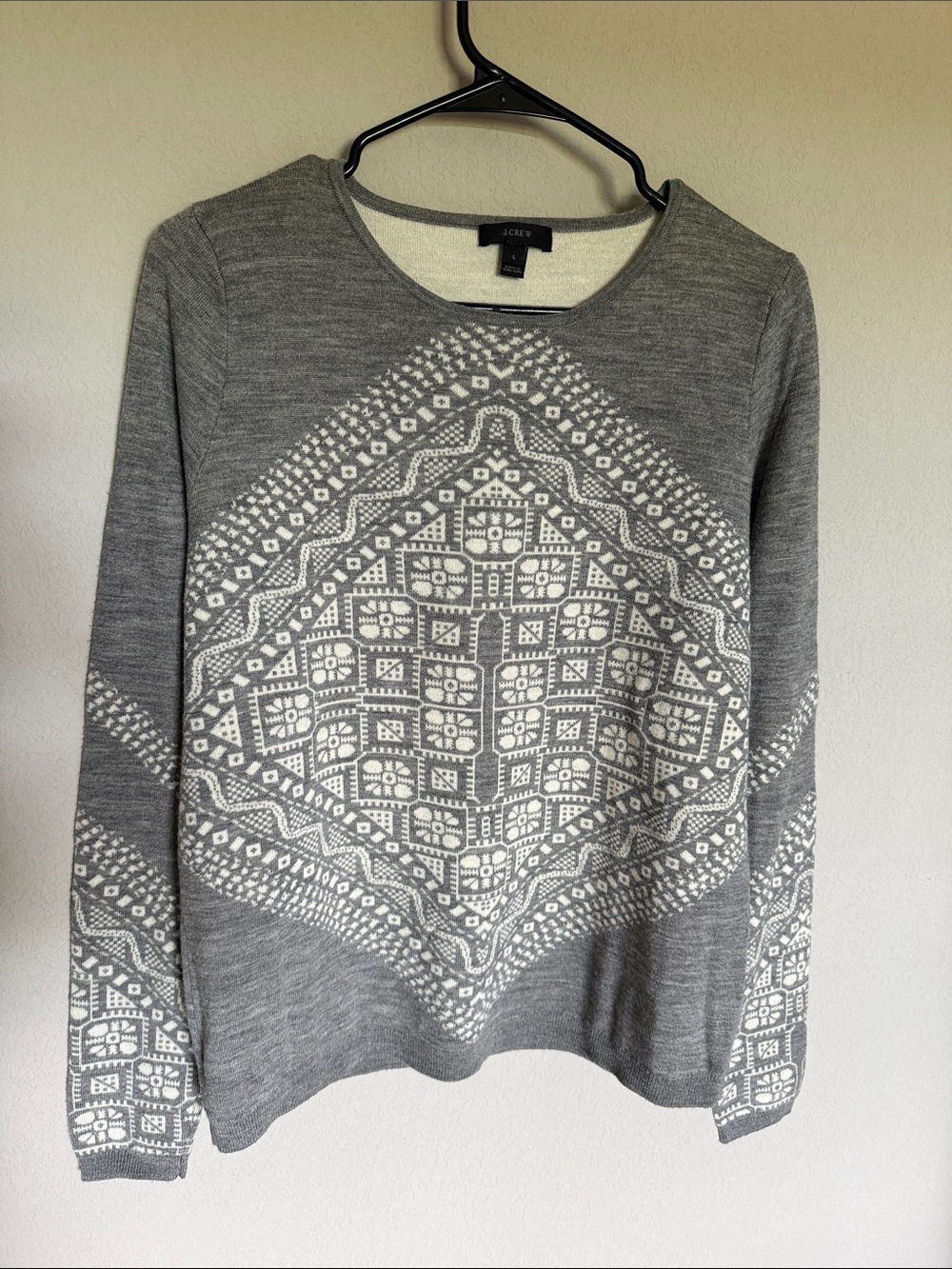 J. Crew Gray and White Patterned Crewneck Sweater